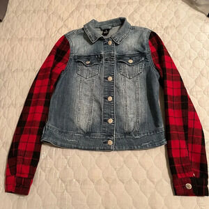 BLUE JEAN JACKET~RED PLAID ARMS~NWOT~SIZE S